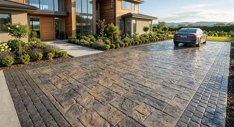 Villa girişinde desenli baskı beton yürüyüş yolu