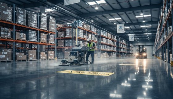 Lojistik depoda forklift trafiğine açık parlatılmış zemin